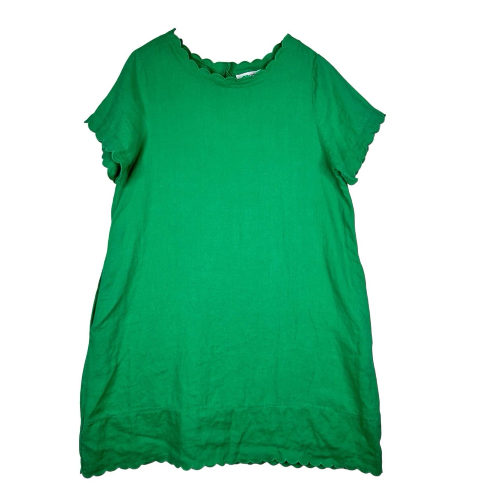 Alessandra Green Linen Dress Large Scalloped Trim Shift Cottagecore Summer S