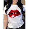 European Size Fashionable New Bright Red Sexy Lip Print Design, New Wo Printed Round Neck Short Sleeve Casual T-Shirt, Suitable for All Seasons.