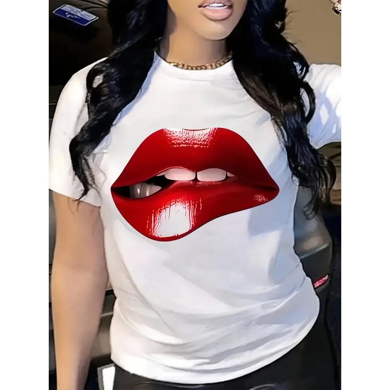 European size Fashionable New Bright Red Sexy Lip Print Design, New Wo Printed Round Neck Short Sleeve Casual T-Shirt, Suitable for All Seasons.