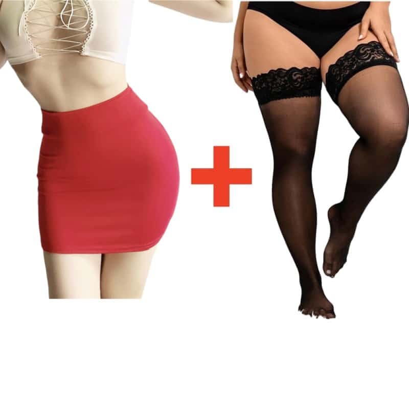 2PCS/SET Women High Waist Pencil Mini Skirts+Stockings Dress Set,Sexy Casual Wrap Hips Black Short Skirt and Pantyhose