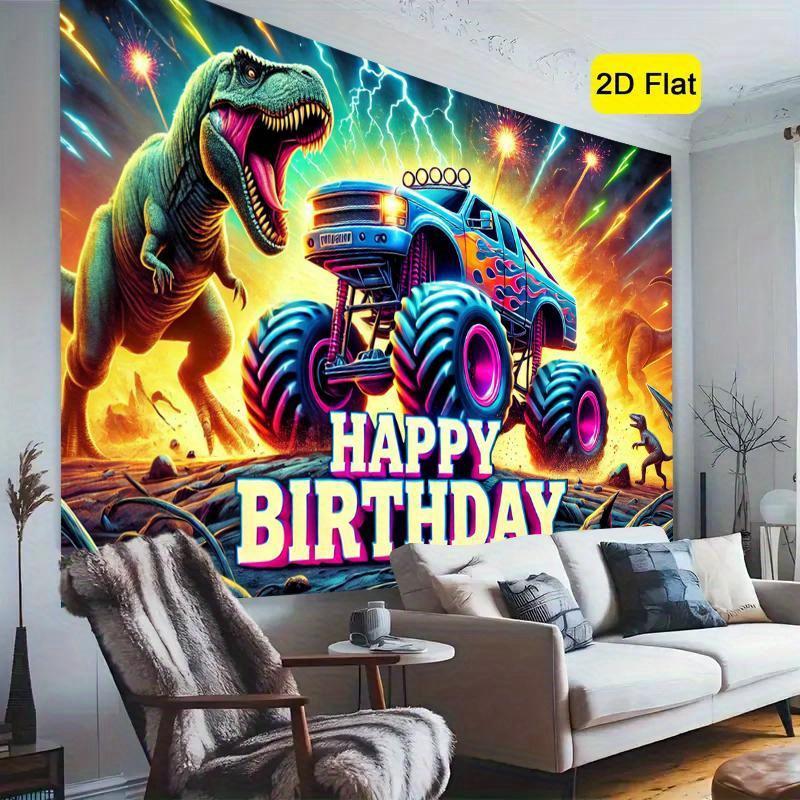 2D planar drawing, dinosaur truck birthday banner - Dinosaur and Monster Truck, Heavy Machinery Theme