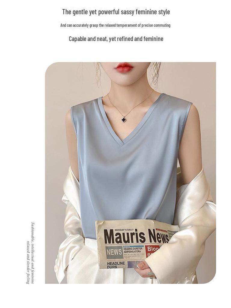 Women's Satin Wide Shoulder V-Neck Camisole Top - Summer, Loose, Sleeveless, Versatile