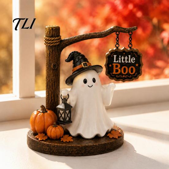 Autumn Home Decor Cute Ghost Figurine with Witch Hat, Resin Halloween Tabletop Decor, Little Whimsical Hat Boo Statue for Fall Office Shelf