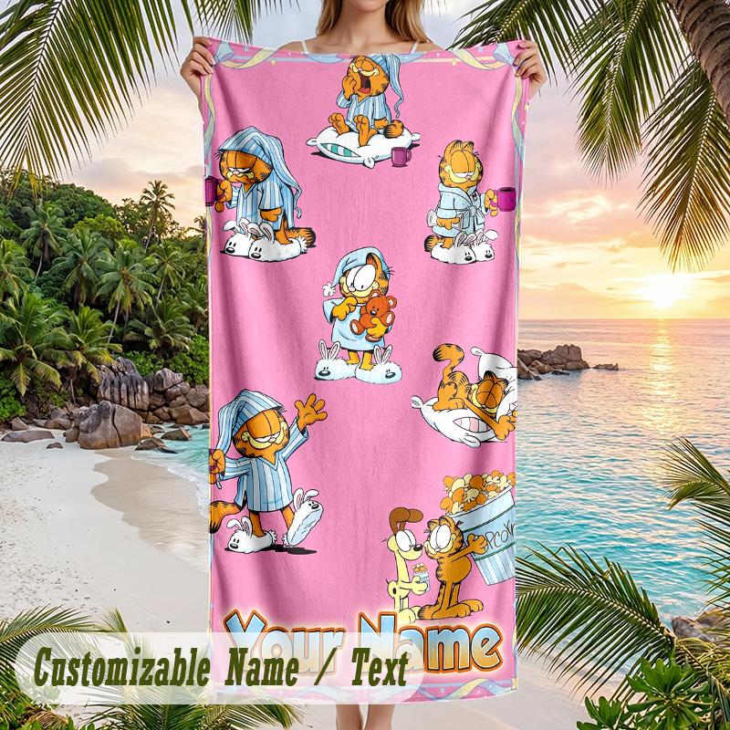 Garfield Beach Towel, Personalized Custom Text, Quick Dry Soft Large Towel For Swimming Pool Travel