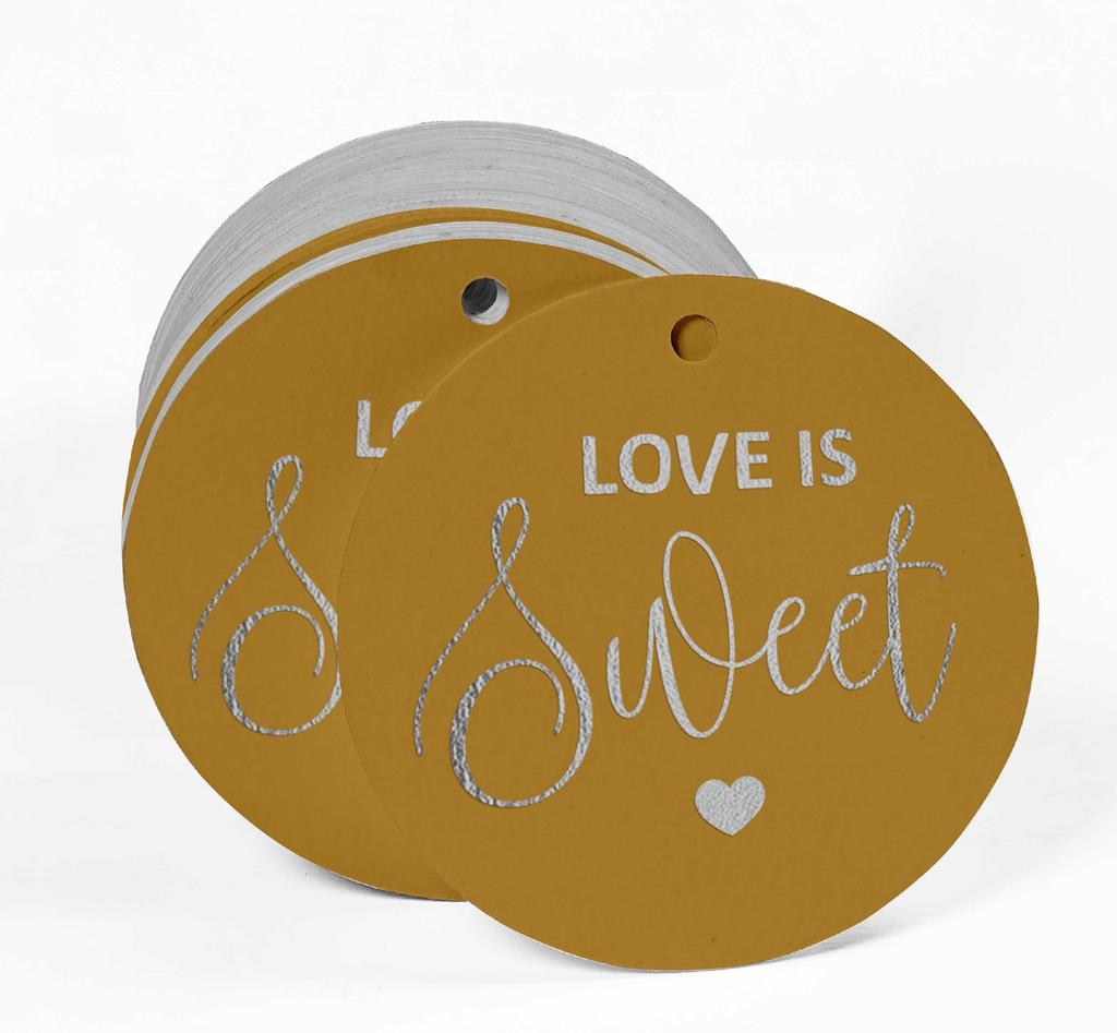 Inkdotpot 100 - Confezione da 100 etichette in carta stagnola color oro vero Love Is Sweet bomboniera da appendere