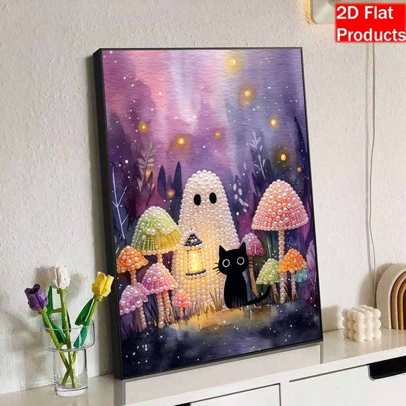 Frameless Pearl Painting Kit Black Cat Mushroom Forest Pattern DIY Shiny Bead Canvas Creative Leisure Craft Gift for Adults Decor