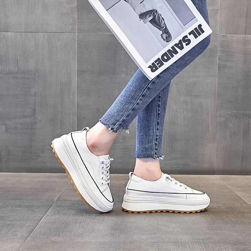 Fashion 5CM Genuine Leather Women Shoes Platform Wedge Skate Boarding High Brand Heels Casual Summer Vulcanize Shoes Spring Autumn Shoes