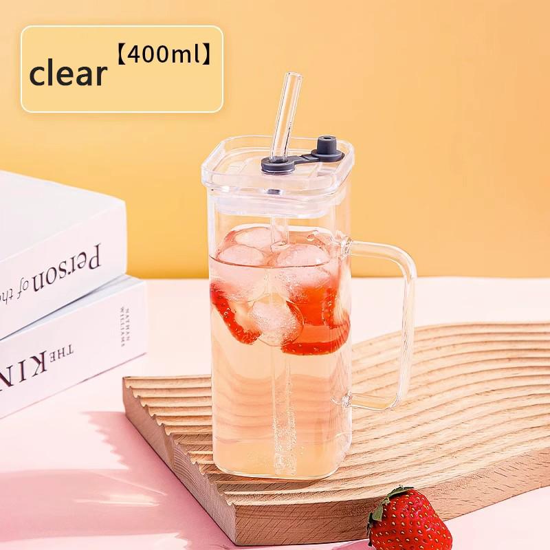 350ml Glass Straw Cup With Lid And Straw Iced Coffee Handle Cup Drinking Mug For Juice Milk Tea