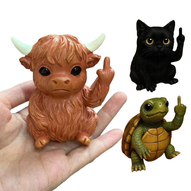 Fashnics Funny Highland Cattle Middle Finger Animal Statue Mini Cute Cat Figurine Desktop Ornament Resin Turtle Sculpture Home Office