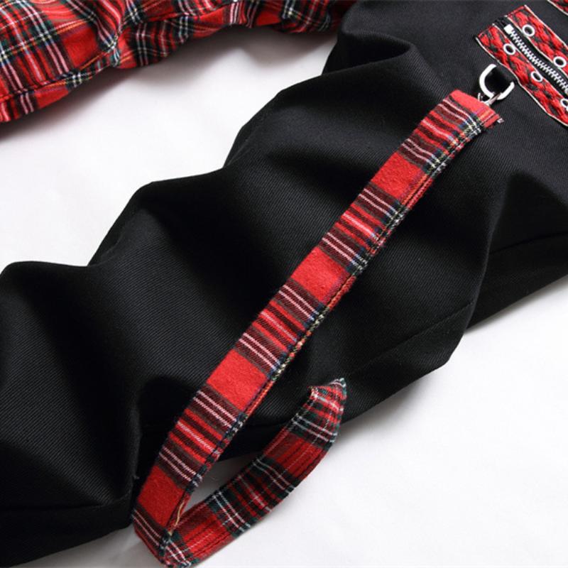 Nuova Moda Rosso Scozzese Patchwork Punk Cerniera Uomo Jeans Pantaloni Matita Y2K Fibbia Hip Hop Gotico Slim Denim Pantaloni Pantaloni Uomo
