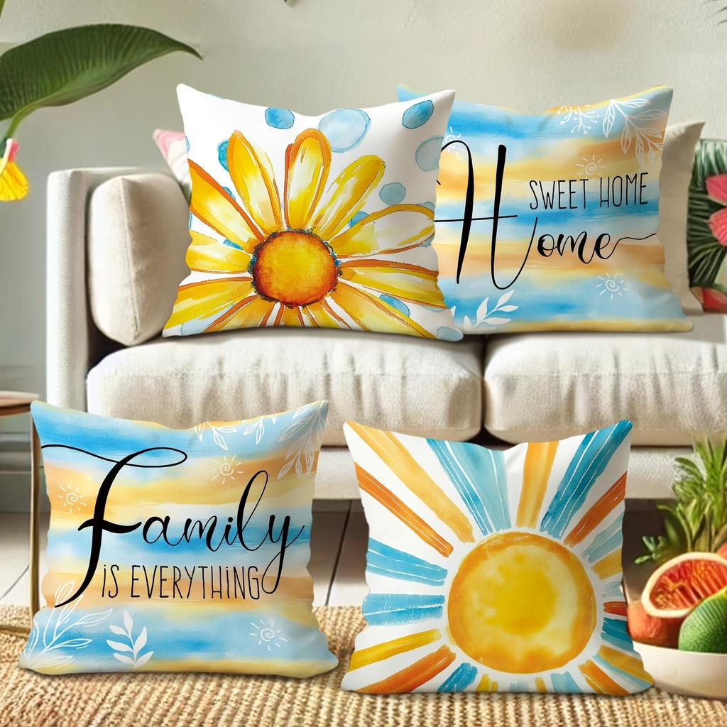 Cheerful Watercolor-Style Pillow Cover with Sunflower, Sun, and Heartwarming Family & Home Motifs Sofa Cushion Cover