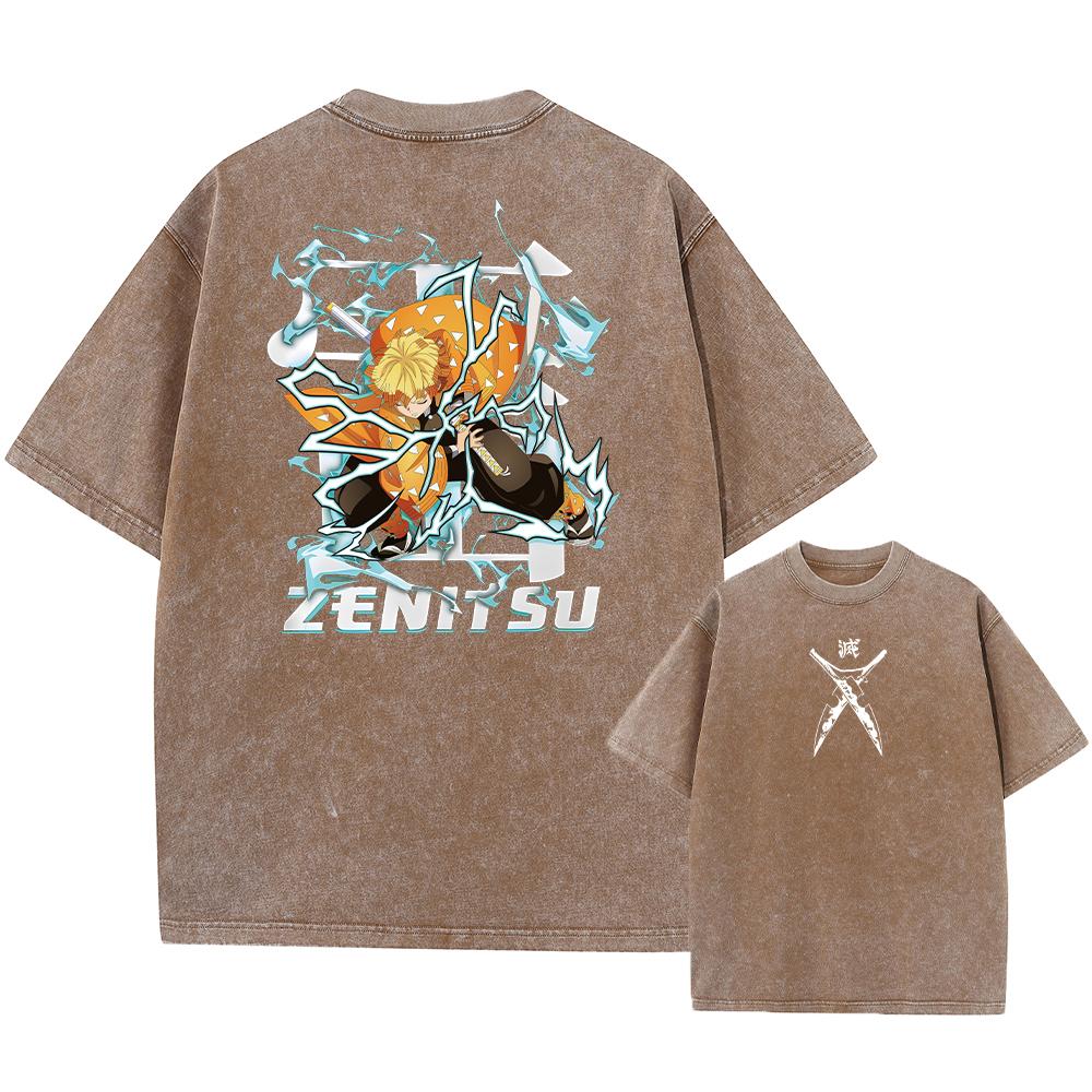 Anime Demon Slayer Print Acid T Shirt Unisex Women Washed Cotton Tshirts Retro Harajuku Oversized T Shirt Harajuku M