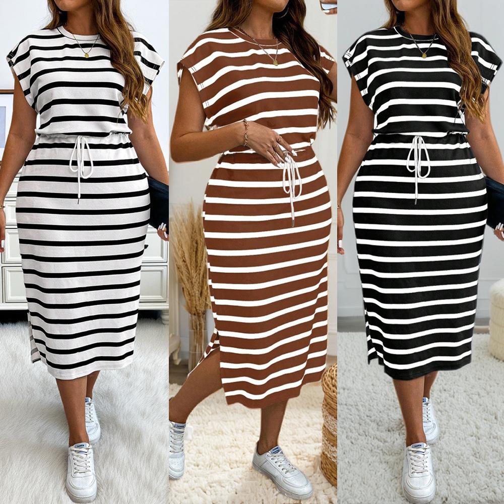 Summer new European and American women's clothing crew neck striped lace-up waist large size dress