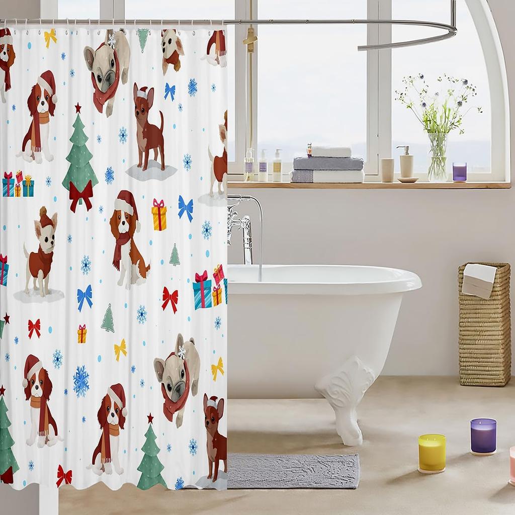 Christmas Puppy Shower Curtains Festive Pet Bathroom Curtain Kids Women Men Cute Dog Bathroom Accessories Xmas Tree Snowflake