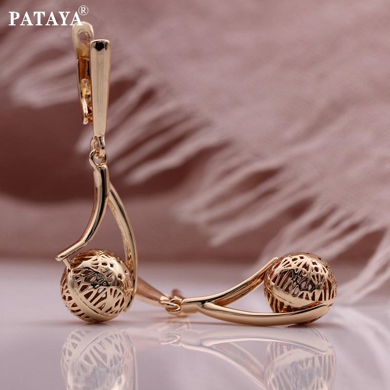 PATAYA Retro Hollow Spherical Long Earrings Women Metal Rose Gold Color Unique Drop Earrings