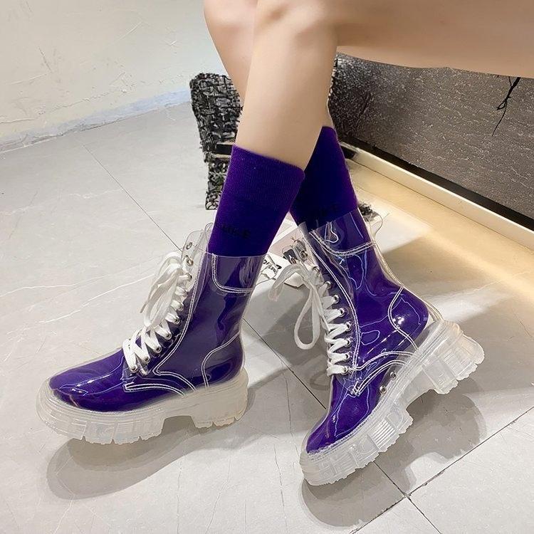 Modische Damen Transparent Plateau Stiefel Klare Ferse Kurzer Stiefel Sexy Dicke Sohle Trendige Persönlichkeit Mittelhohe Knöchel Stiefel