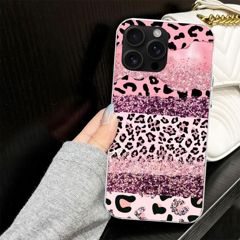 Pink Leopard Print Case for iPhone 13 12 Mini 11 Pro Max Soft Phone Cover X XS XR 7 SE 8 Plus 6 6S 5 5S Silicone Black Capa