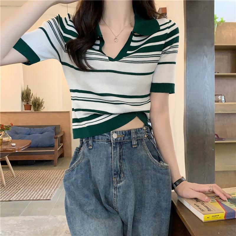Black and White Striped Polo Collar Front Shoulder Short-sleeved T-shirt Women's Summer Design Sense Casual Short Lapel Knit Top