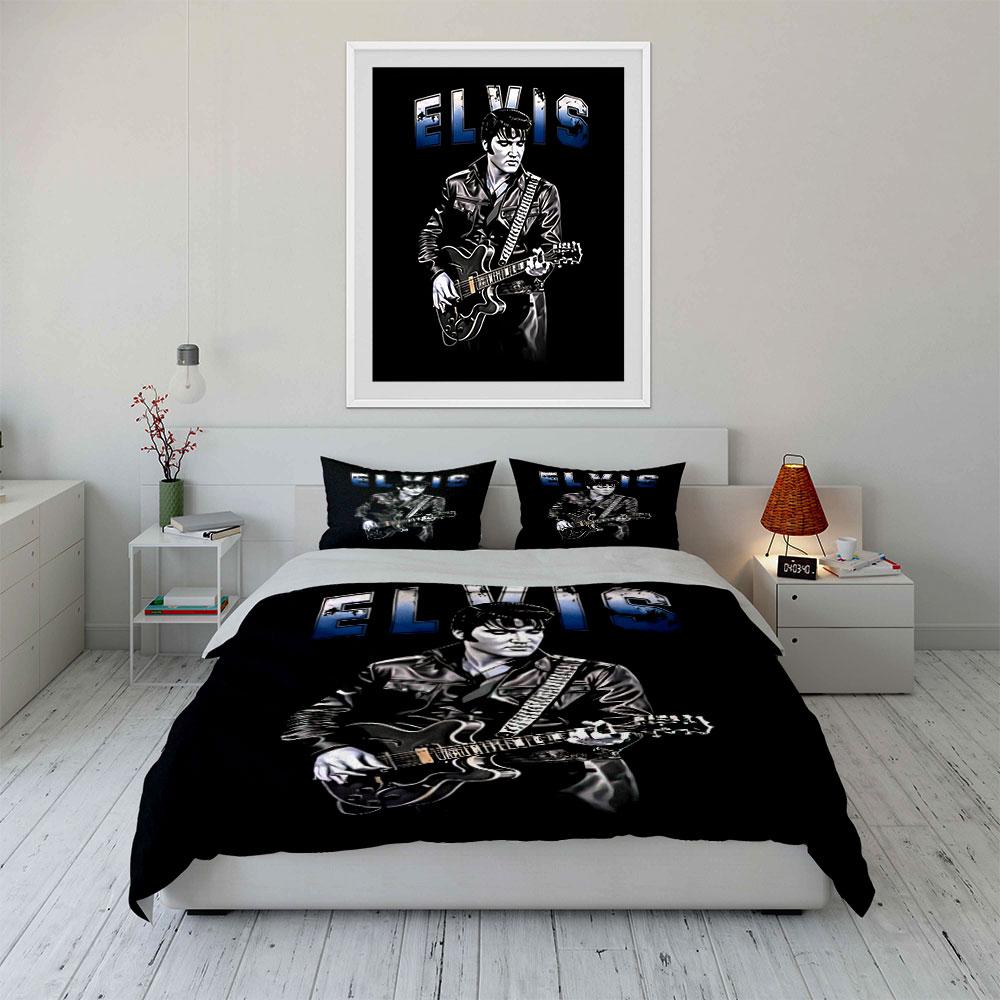 Guitarist in Black Leather with "Elvis" Print Bedding Set Duvet Cover Pillowcases (1* Duvet Cover 2* Pillowcases Do Not Include Comforter)