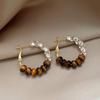 Silver Needle Retro Tiger Eye Zircon Round Earrings - Maillard Style Luxury Studs.