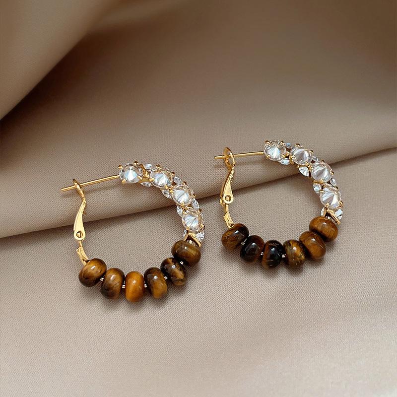 Silver Needle Retro Tiger Eye Zircon Round Earrings - Maillard Style Luxury Studs.