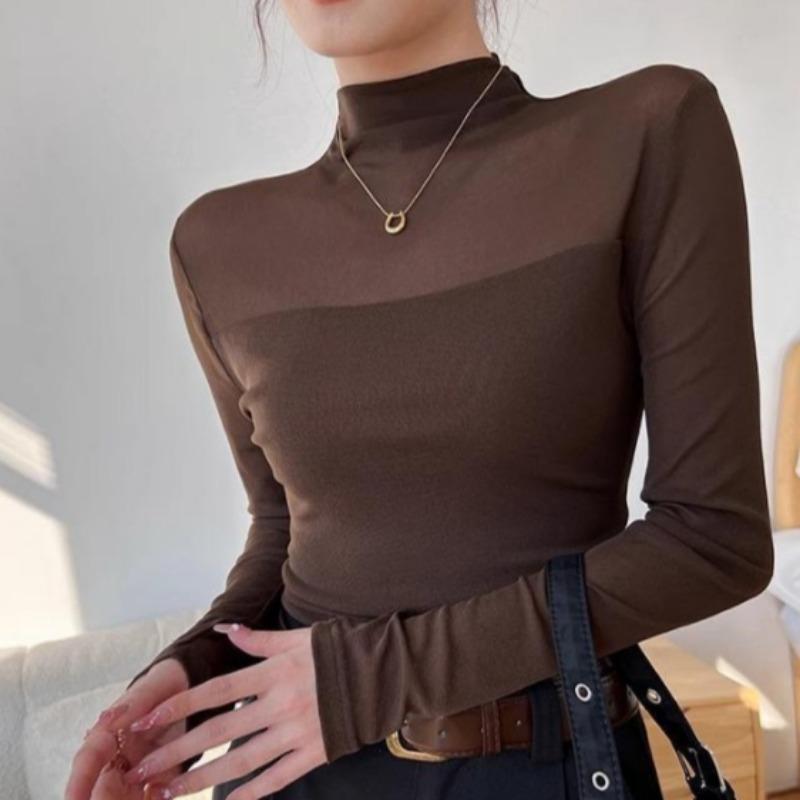 Jarné a jesenné elegantné základné tričko s polovičným vysokým golierom pre ženy, univerzálne, slim-fit, zoštíhľujúce tričko s dlhým rukávom