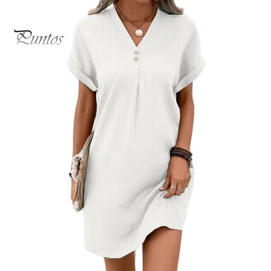 Summer Women Dress V Neck Button Short Sleeves Loose Solid Color Pullover Casual Daily Wear Dating Mini Dress