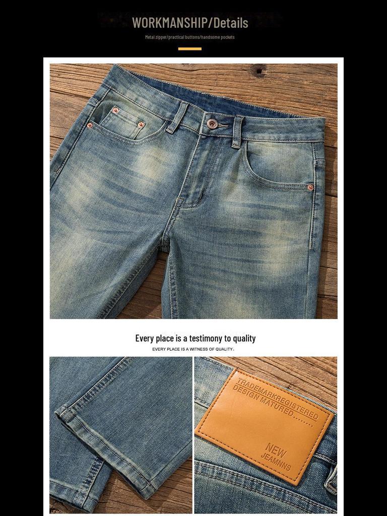 Brand Men's Korean Style Skinny Mid-Waist Jeans - Versatile Fashionable Long Pants for All Seasons