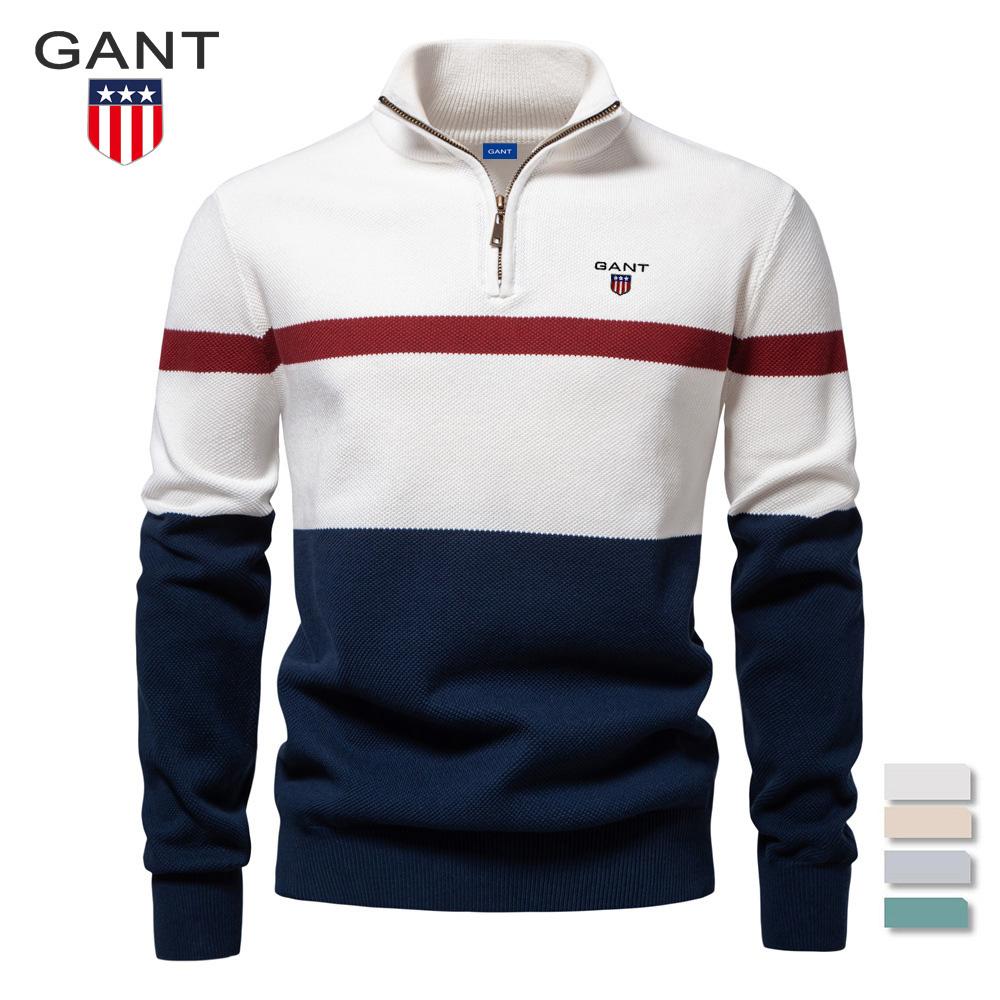 Gant Autumn/Winter Embroidered New Large Stand Up Collar Men's Sweater Half Zipper Color Blocked Knitted Sweater Quality Men's Wear