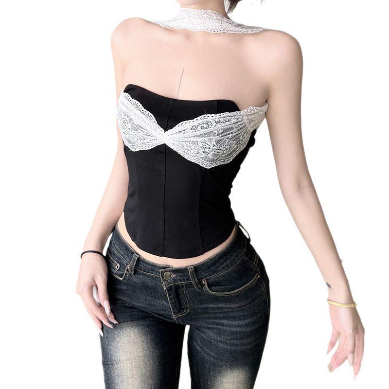 2026 Summer French Elegant Ladylike Fashion Strapless Vest Lace Patchwork Sexy Halter Color-Block Top
