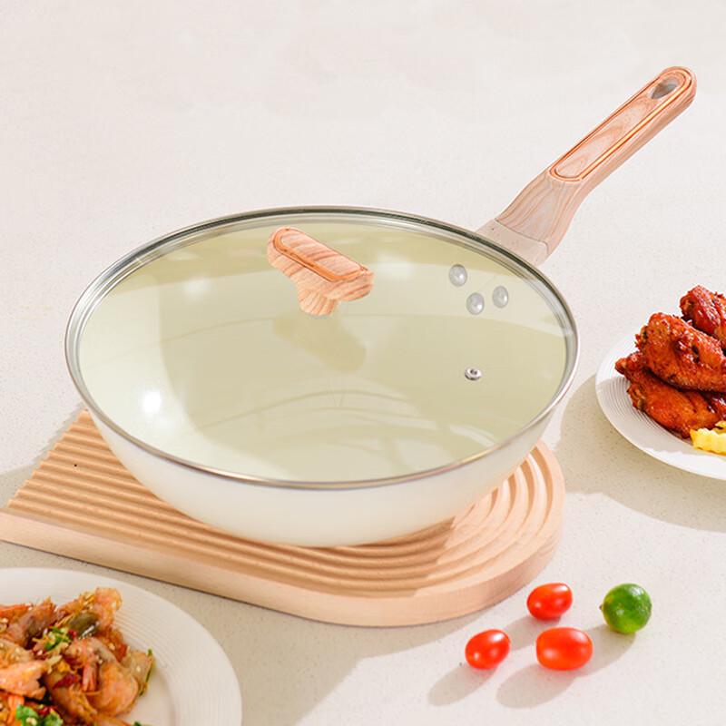 

San Shu San Shen 30cm Mousse White Ceramic Non-Stick Wok with Lid