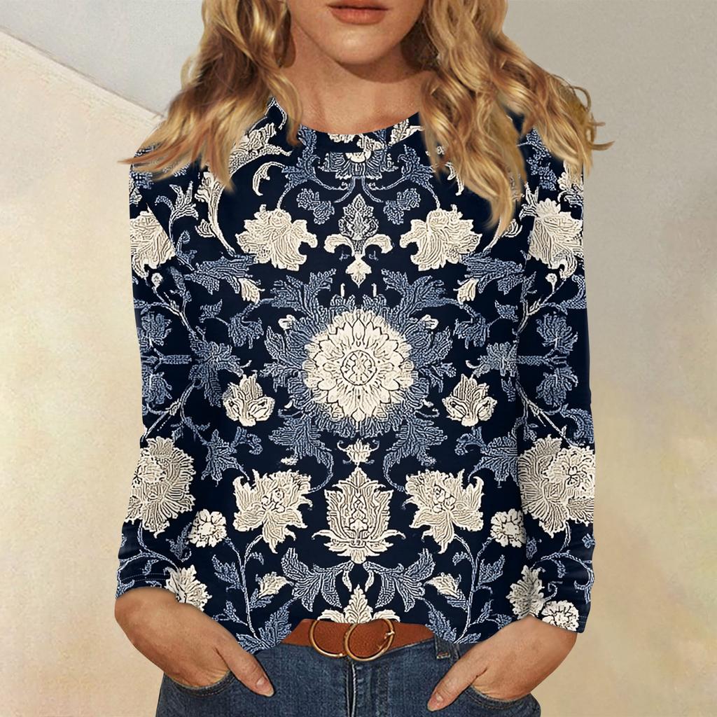 Dámská móda Květinový potisk Krk Dlouhý rukáv Pulovr Top