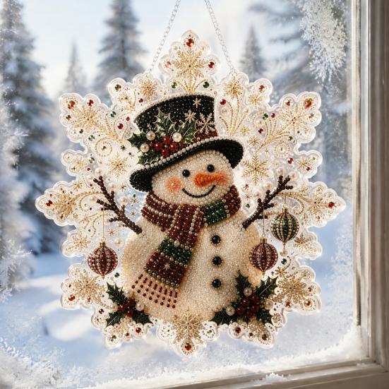 Handmade Christmas Tree Decor Faux Pearl Painting Suncatcher Kit, Acrylic Snowflake Shaped Board with Lace Relaxing Holiday Activity Edge, 3D Gemstone