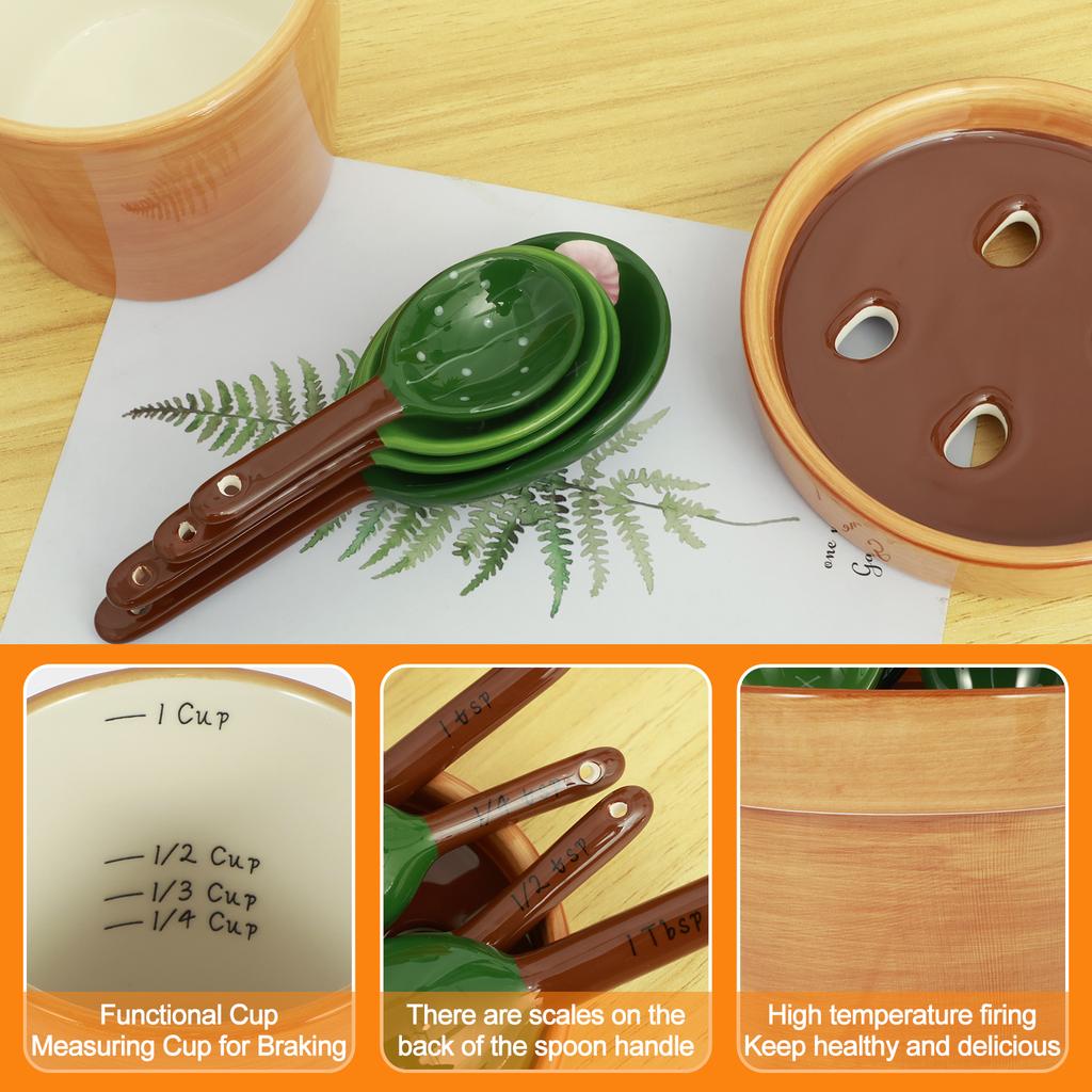 4 Pcs Porcelain Measuring Spoons Set with Base Cute Cactus Shape Stirring Soup Spoon Reusable Ceramic Flower Pot Measuring Spoon