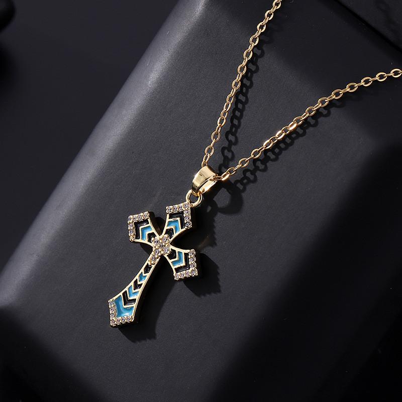 Light Luxury Cross Enamel Zircon Pendant Necklace Stainless Steel Fashion Geometric Choker Jewelry Party Gifts For Women Girls