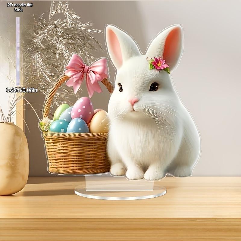 2D Flat Acrylic Cute Rabbit Holding Flower Basket Decoration, Indoor and Outdoor Decoration - No Battery/electricity Required, Free Day Decoration, S