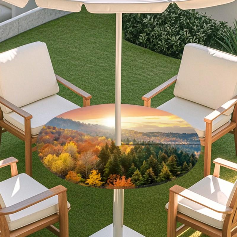 Outdoor Round Table Cover With Nature Print Waterproof Elastic Hem Patio Garden Deck