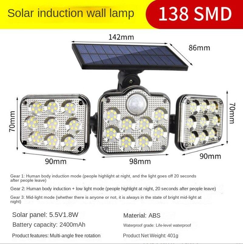 Solar Induction 138LED Three Head Rotatable Wall Lamp Outdoor Light Control Waterproof Road Lighting Courtyard Street Lamp