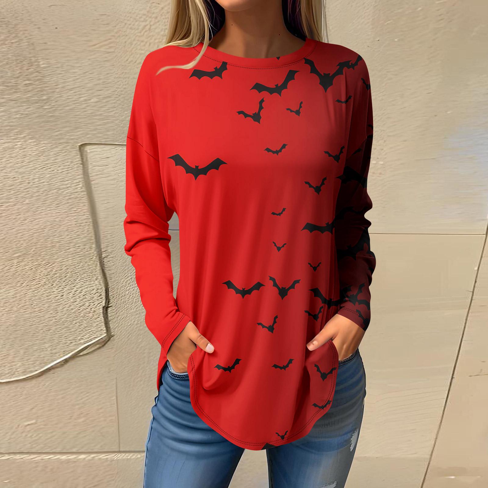 

Футболки для женщин, осенние повседневные рубашки с длинным рукавом, толстовка с принтом на Хэллоуин, топ, пуловер M красный