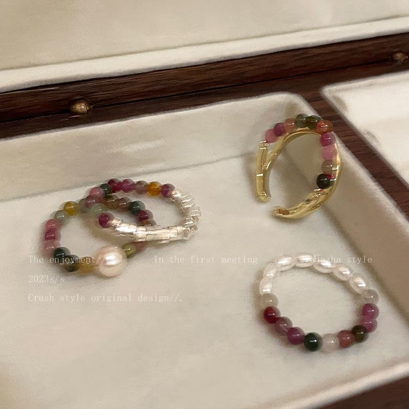 Tourmaline Pearl Natural Stone Ring for Women, Light Luxury Layered Wear, Niche Design, Index Finger Ring, High-End Beaded Accessory Ring