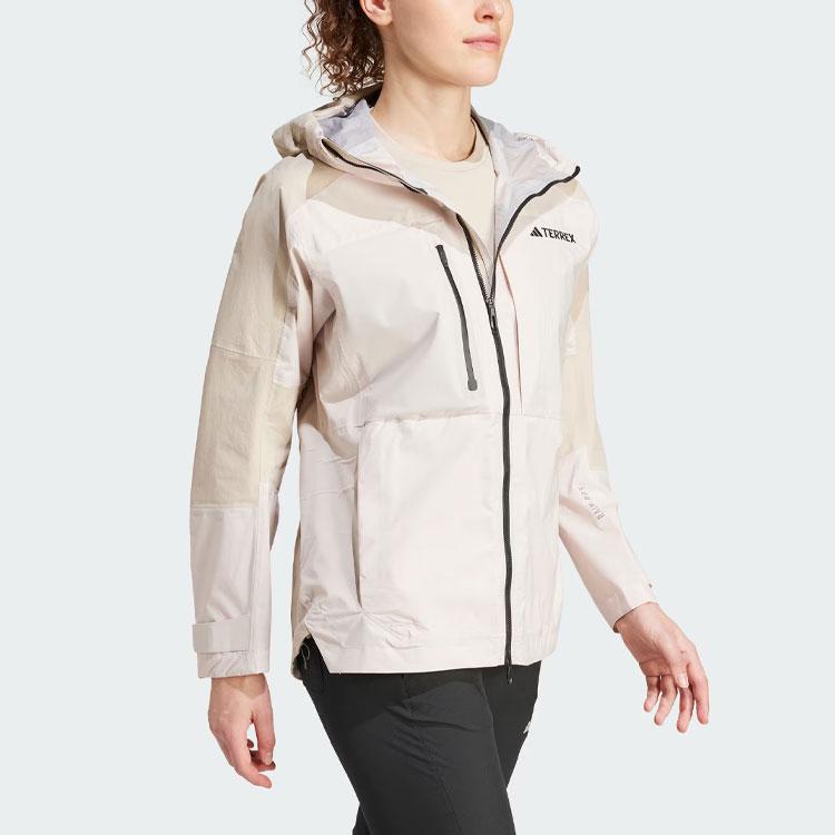 Adidas Color Block Two-Way Zipper Outdoor Sports Hooded Waterproof Windproof Jacket Women Jacket Light-Sesame IP1440