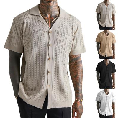 Mens Knit Shirt Short Sleeve Plain Button Down Beach Vacation Shirt Casual Striped Summer Top