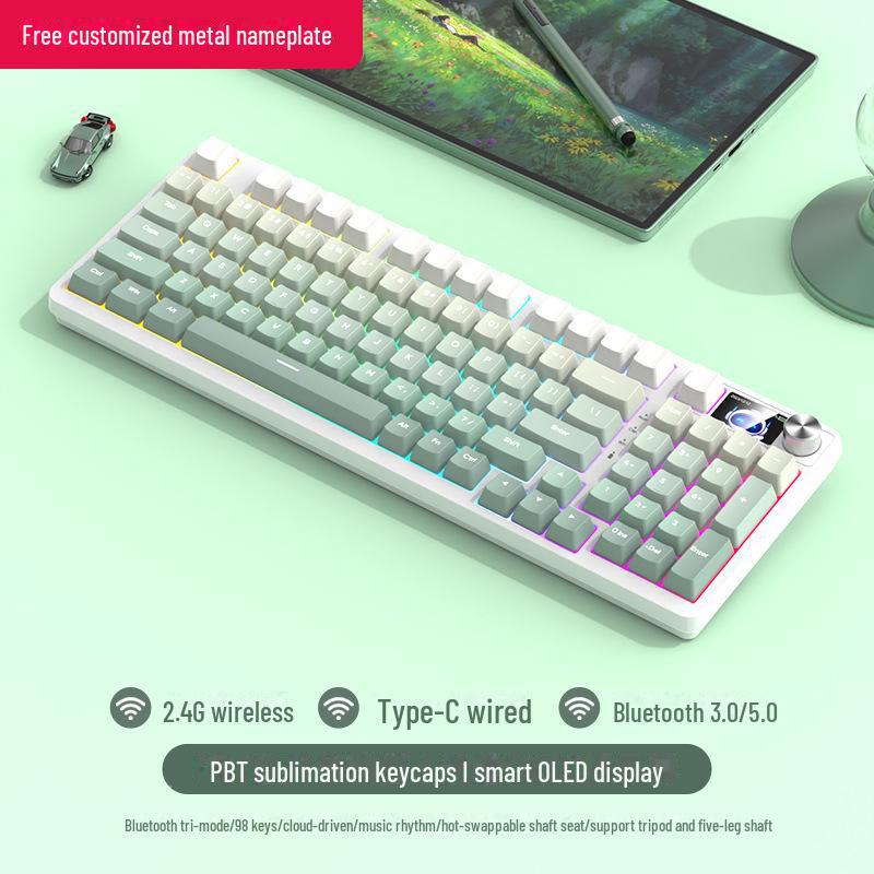 Tastatură mecanică de gaming wireless Bluetooth tri-mode cu 98 de taste și comutatoare personalizabile (Albastru, Negru, Ceai, Roșu) și design cu înlocuire la cald.