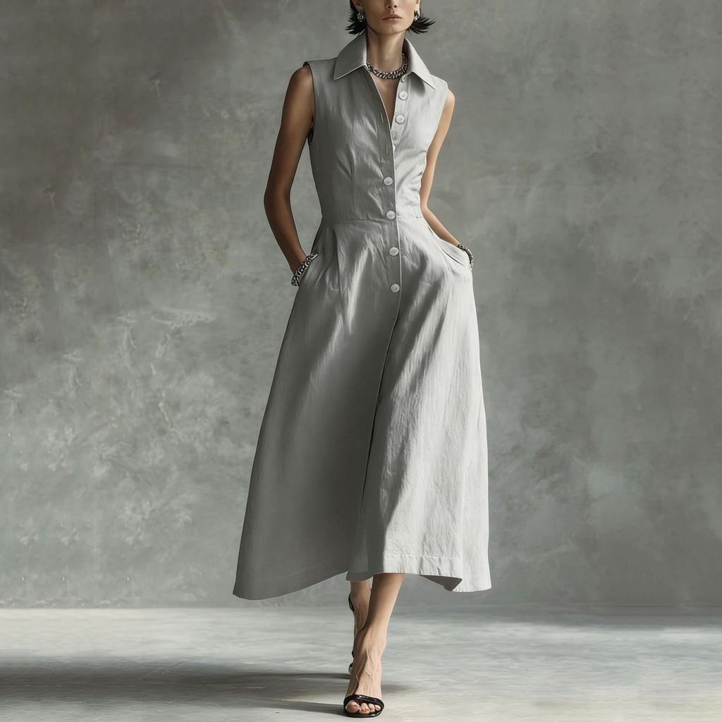 Women's Fashionable Sleeveless Linen Casual Button-Down Dress