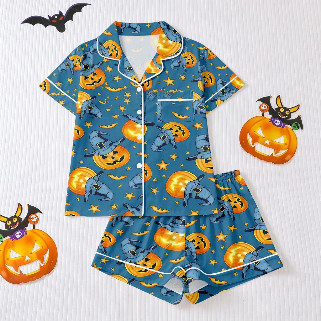 Women's Halloween Pajama Set with Short Sleeve Button Down Shirt and Shorts