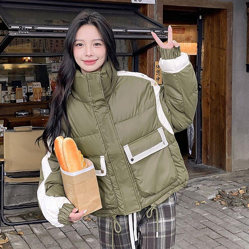 Winter PU Leather Jacket Stand Collar Short Loose Fit Sporty Padded Coat for Women