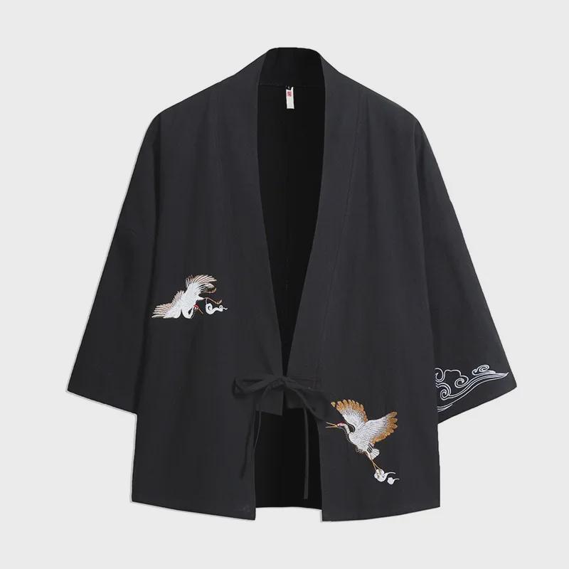 Men's Trendy Crane Embroidered Kimono Cardigan: Spring/Summer Ancient Style Loose-Fit Hanfu Robe