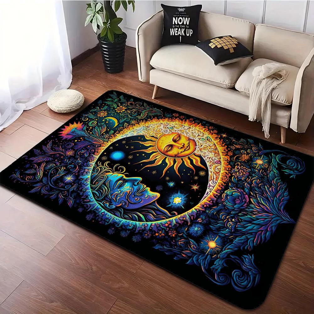 Mysteriöser Sonne und Mond Bereichsteppich Maschinenwaschbare Flanellteppiche Rutschfeste Bodenmatte für Schlafzimmer Wohnzimmer Heimdekor Sofa Teppich