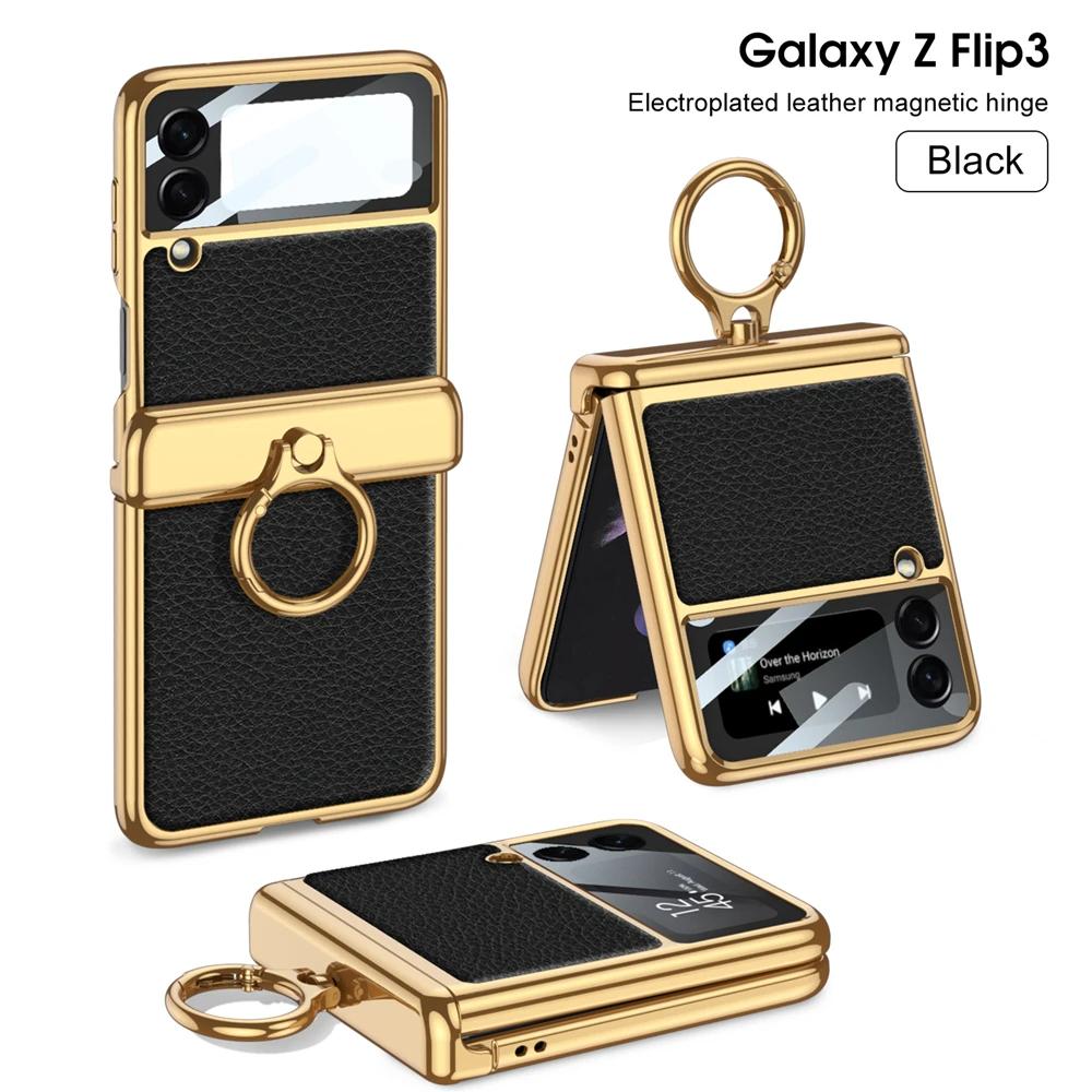 Pro Samsung Galaxy Z Flip 3 4 5 6 Pouzdro Ultratenká Ochrana Obrazovky Coque Fundas Luxusní Kůže s Kroužkem Pokovení Magnetický Kryt