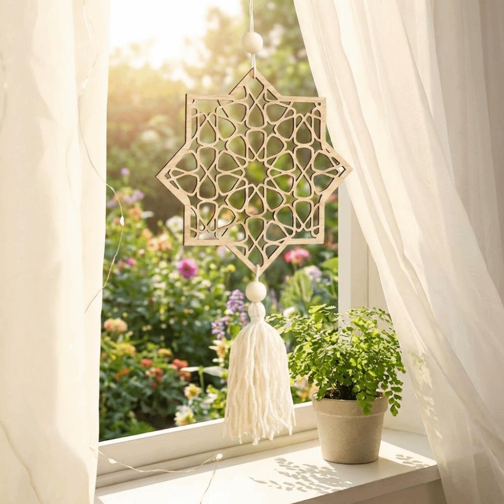 with Tassels Moon Star Hollow Mesh Wall Decor Handmade Wooden Handicraft Pendant Home Decoration